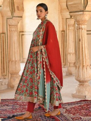 Sea Green Cotton Floral Block Print Kurta With Pant And Dupatta