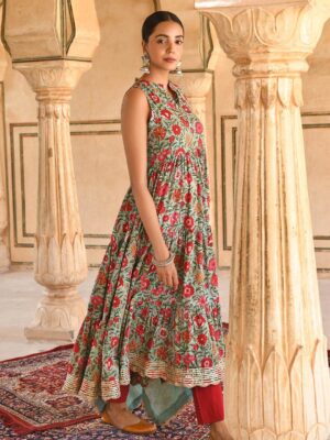 Sea Green Cotton Floral Block Print Kurta With Pant And Dupatta
