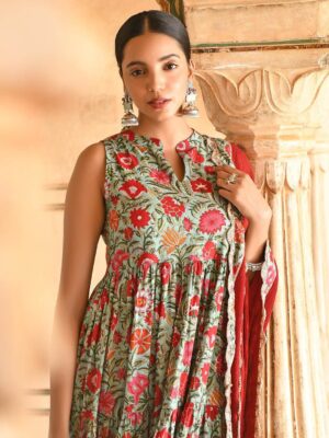 Sea Green Cotton Floral Block Print Kurta With Pant And Dupatta