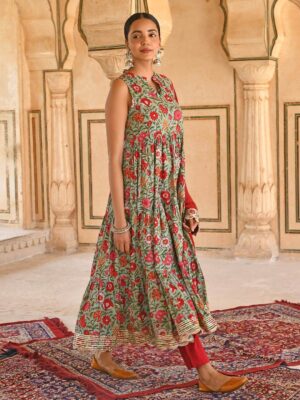 Sea Green Cotton Floral Block Print Kurta With Pant And Dupatta