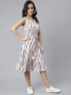 White Cotton Ethnic Motifs Flared Western Dress