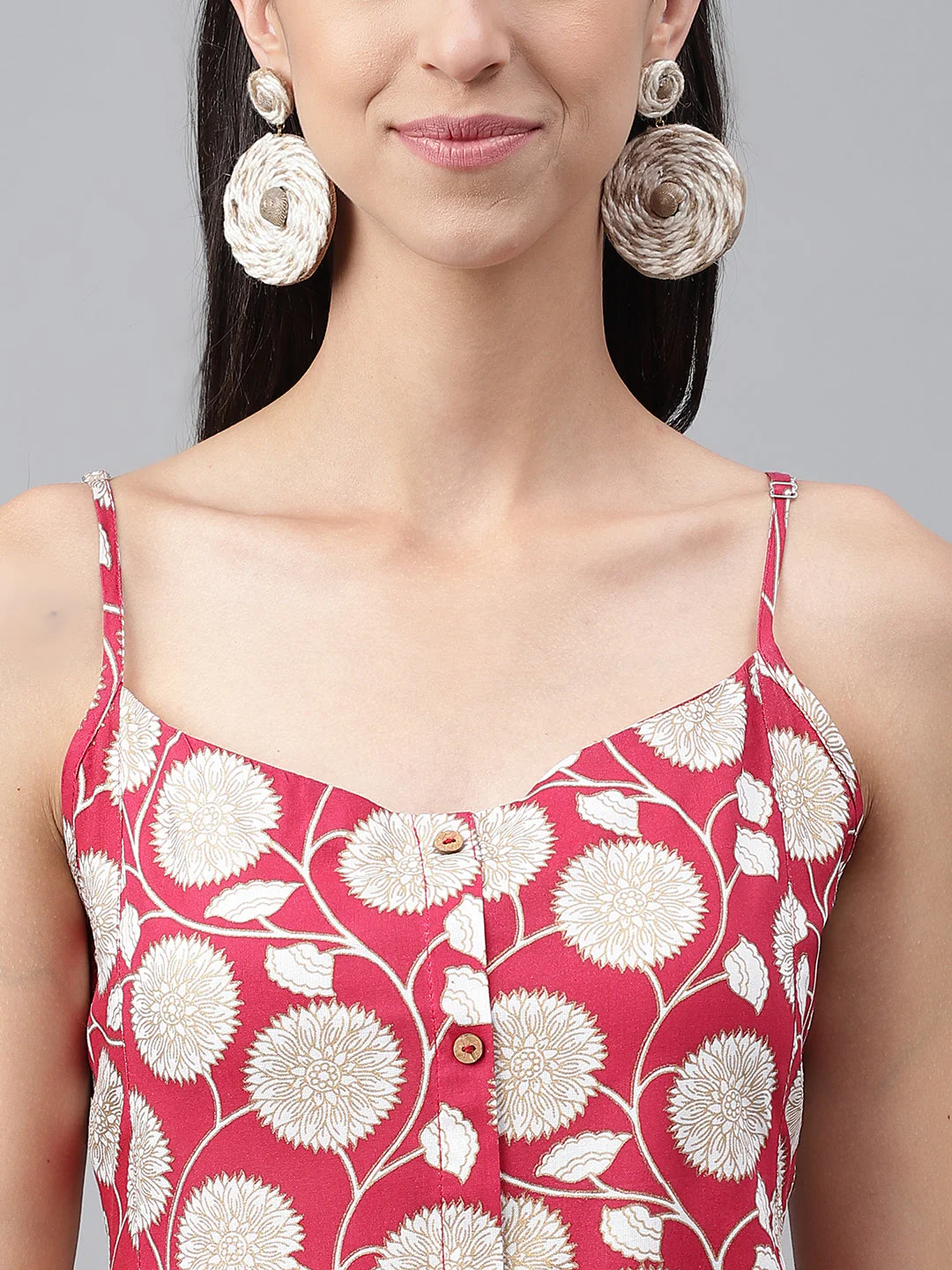 Magenta-Rayon-Botanical-Printed-Gathered-Dress-Janasya-6794