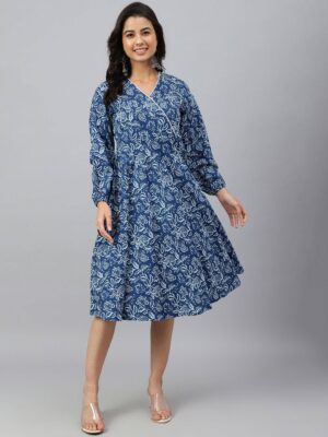 Navy Blue Cotton Floral Print Angrakha Western Dress