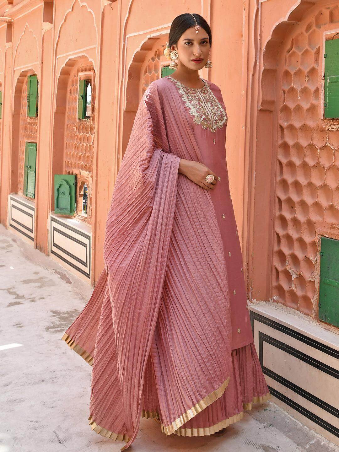 Peach-Chinnon-Embroidered-Kurta-with-Skirt-and-Dupatta-Janasya-457