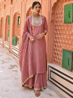 Peach Chinnon Embroidered Kurta With Skirt And Dupatta
