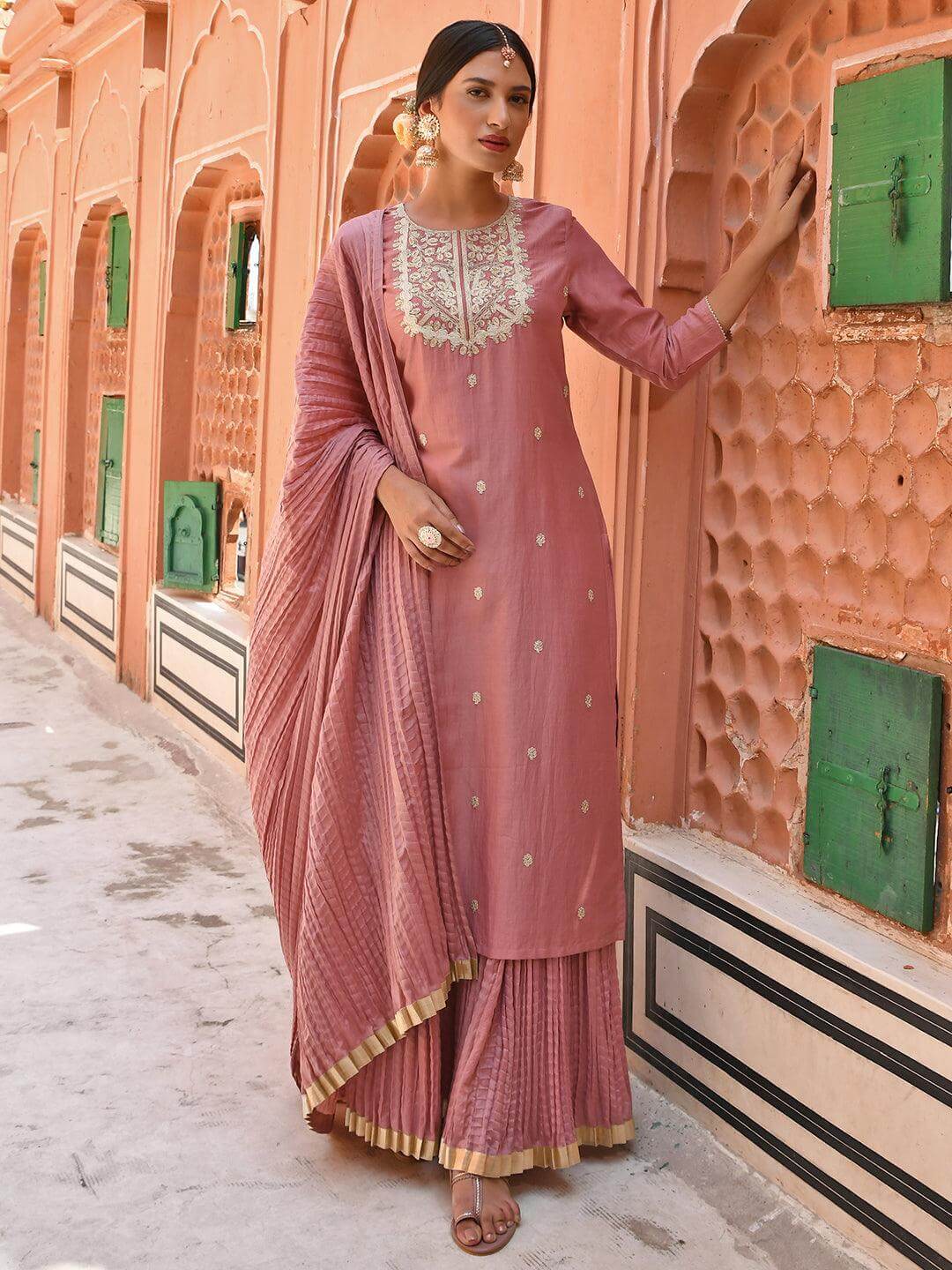 Peach-Chinnon-Embroidered-Kurta-with-Skirt-and-Dupatta-Janasya-9288