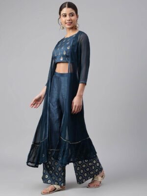 Teal Poly Silk Foil Print Crop Top With Palazzo And Jacket