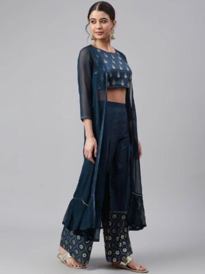 Teal Poly Silk Foil Print Crop Top With Palazzo And Jacket