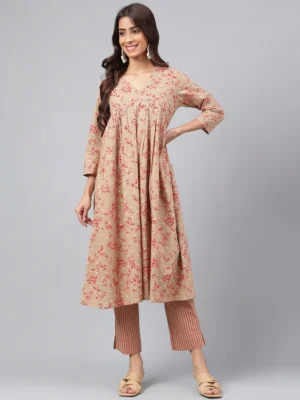 BROWN COTTON FLORAL PRINTED KURTA WITH PANT