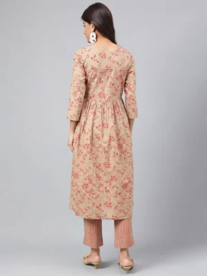 BROWN COTTON FLORAL PRINTED KURTA WITH PANT