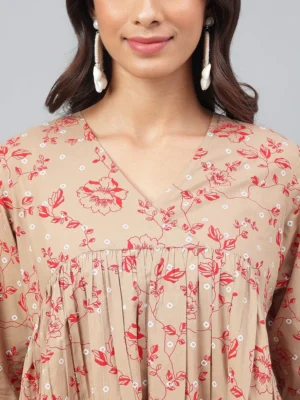 BROWN COTTON FLORAL PRINTED KURTA WITH PANT