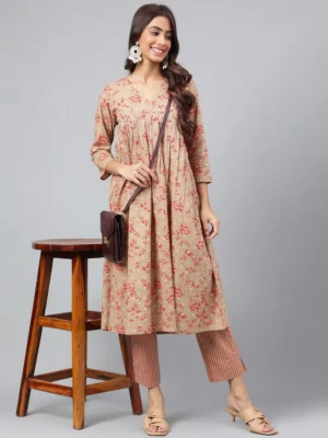 BROWN COTTON FLORAL PRINTED KURTA WITH PANT