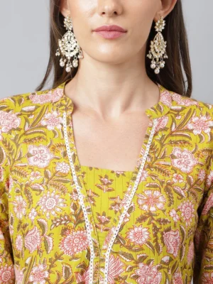 GREEN COTTON FLORAL BLOCK PRINTED KURTA WITH PANT