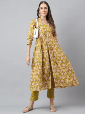 GREEN COTTON FLORAL BLOCK PRINTED KURTA WITH PANT