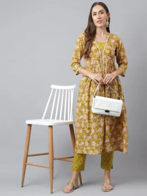 GREEN COTTON FLORAL BLOCK PRINTED KURTA WITH PANT
