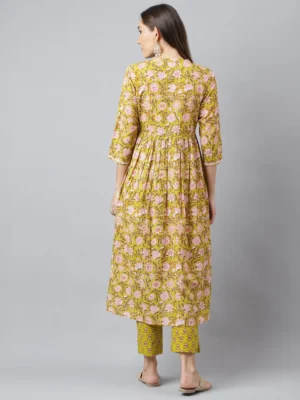 GREEN COTTON FLORAL BLOCK PRINTED KURTA WITH PANT