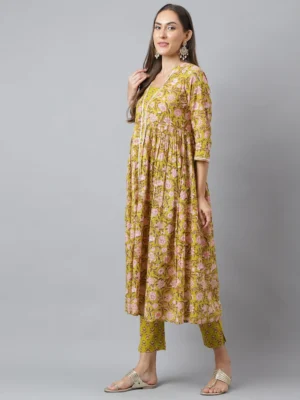 GREEN COTTON FLORAL BLOCK PRINTED KURTA WITH PANT