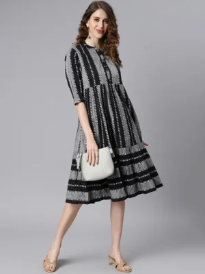 BLACK COTTON STRIPED FLARED WESTERN DRESS