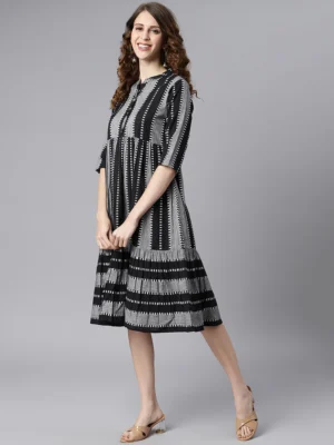 BLACK COTTON STRIPED FLARED WESTERN DRESS
