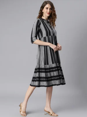 BLACK COTTON STRIPED FLARED WESTERN DRESS