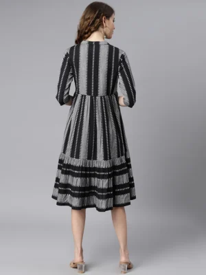 BLACK COTTON STRIPED FLARED WESTERN DRESS