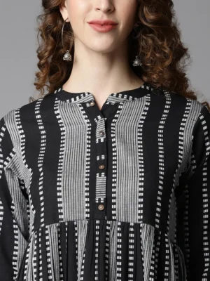 BLACK COTTON STRIPED FLARED WESTERN DRESS