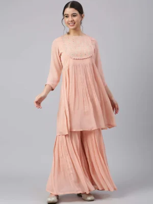 PEACH GEORGETTE THREAD WORK KURTA WITH SHARARA
