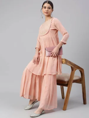 PEACH GEORGETTE THREAD WORK KURTA WITH SHARARA