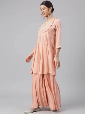 PEACH GEORGETTE THREAD WORK KURTA WITH SHARARA