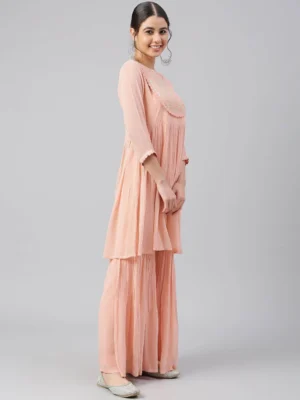 PEACH GEORGETTE THREAD WORK KURTA WITH SHARARA