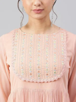 PEACH GEORGETTE THREAD WORK KURTA WITH SHARARA