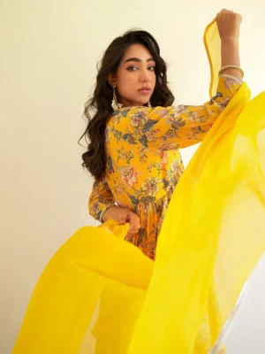 YELLOW GEORGETTE DIGITAL FLORAL PRINTED KURTA WITH SHARARA AND DUPATTA