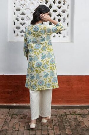 Off White Pure Cotton Floral Printed A-Line Tunic