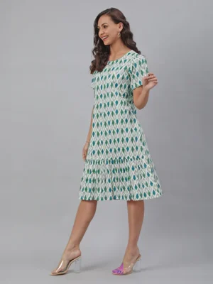 White Pure Cotton Ikkat Printed A-Line Dress