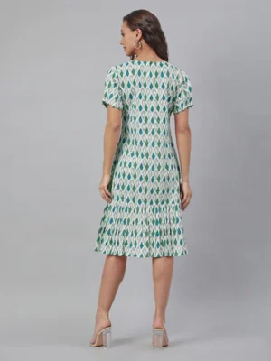 White Pure Cotton Ikkat Printed A-Line Dress