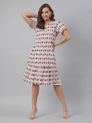 White Pure Cotton Ikkat Printed A-Line Dress