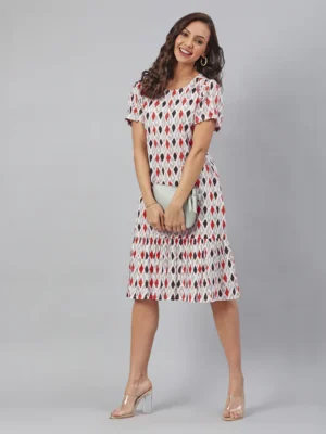 White Pure Cotton Ikkat Printed A-Line Dress