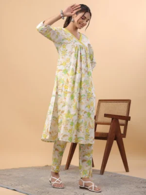 White Cotton Printed A-Line Kurta Set
