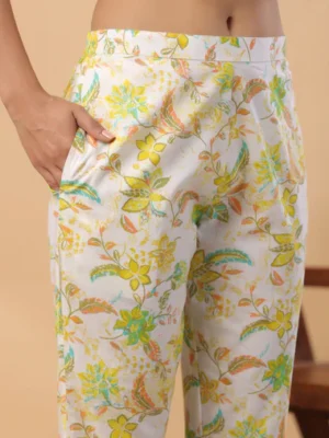 White Cotton Printed A-Line Kurta Set