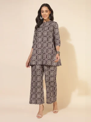 Wine Pure Cotton Ethnic Motifs Printed A-Line Co-Ord Set
